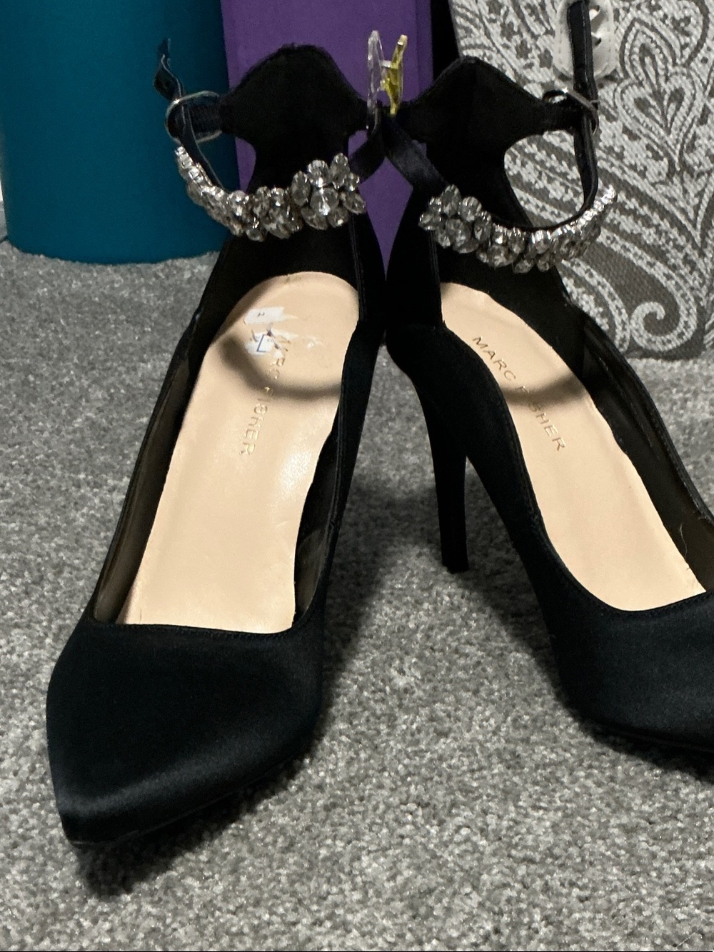 Marc Fisher Black Satin Pointed-Toe Pumps with Crystal Ankle StrapNWT